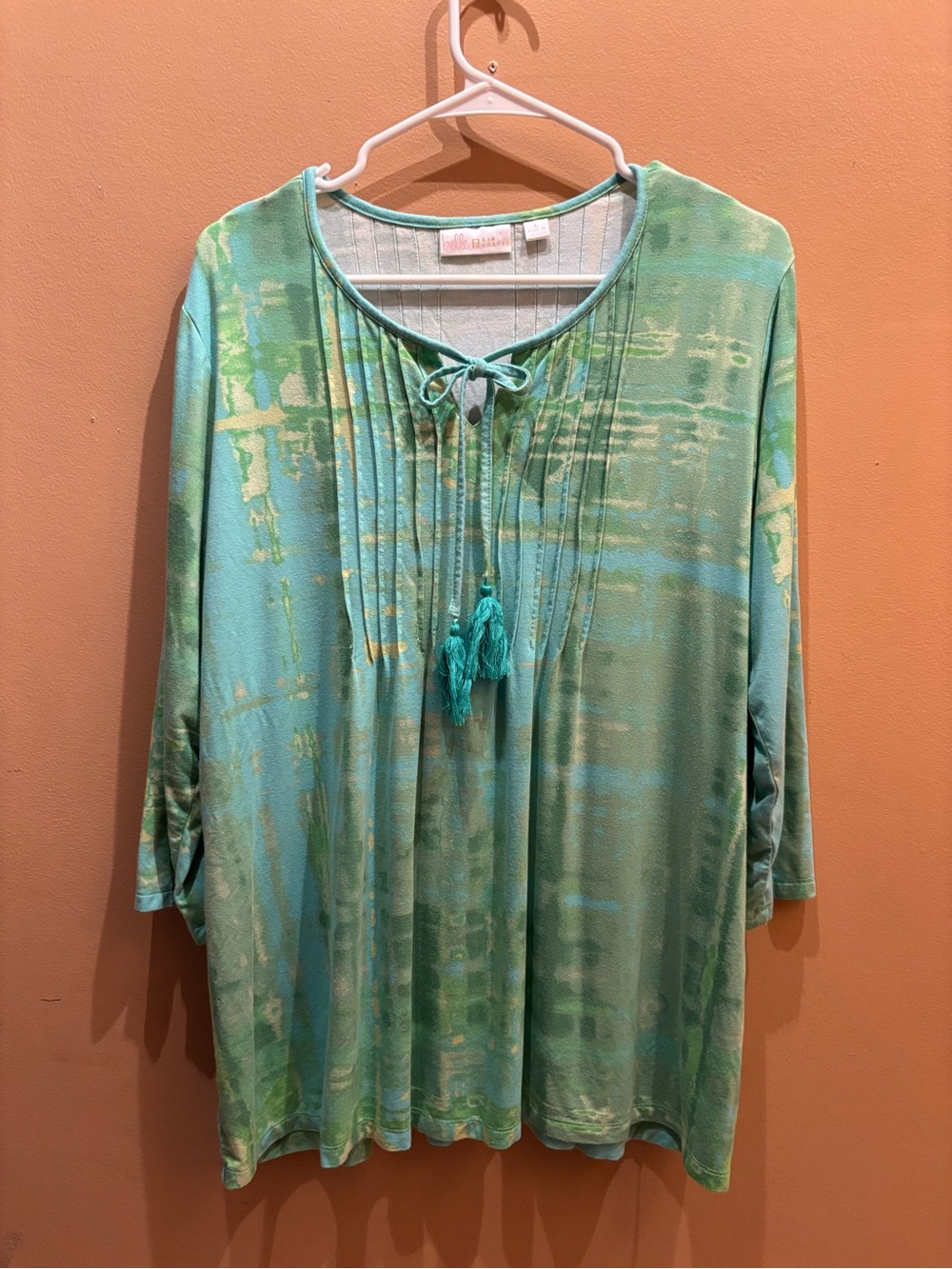Belle by Kim Gravel top blurred plaid pattern tassel tie split neckline large